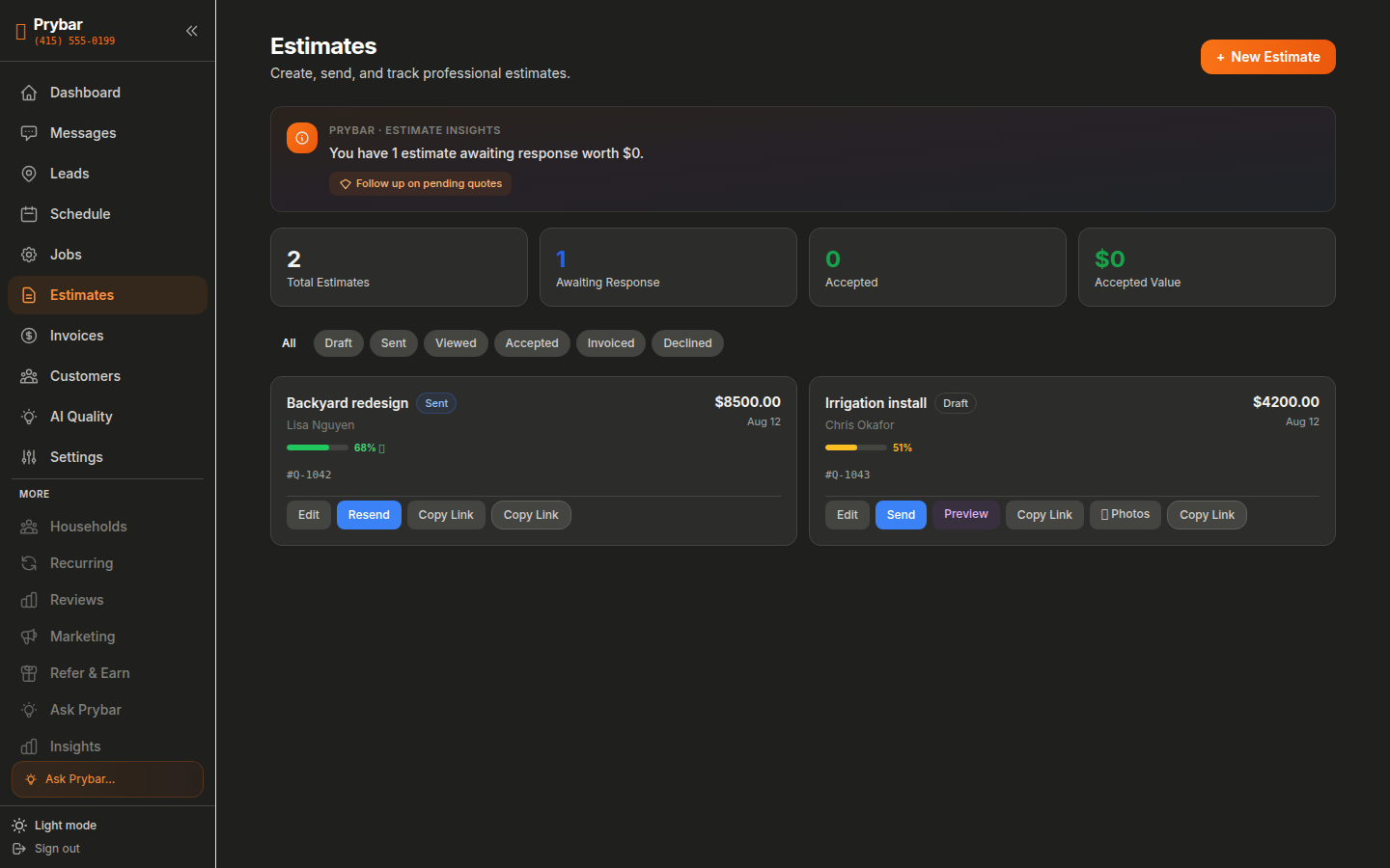 Prybar estimates — real app screenshot