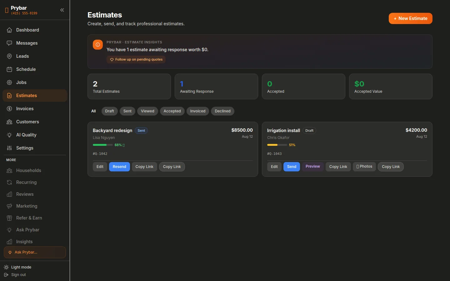 Prybar estimates — real app screenshot